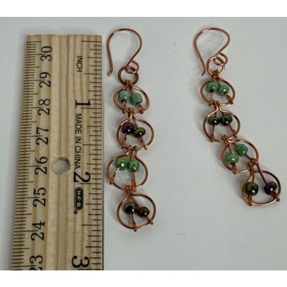 Copper Wire Earrings Green And Purple Seed Beads With French Hook  Hand Made - Picture 4 of 4